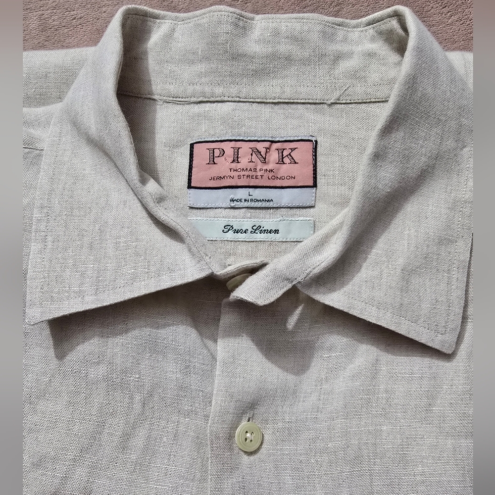 THOMAS PINK Jermyn Street London beige pure linen Long Sleeve Shirt Sz Large
